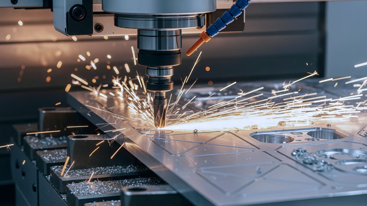 Fresadora CNC cortando una placa metálica con chispas en una planta de manufactura