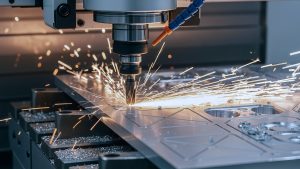 Fresadora CNC cortando una placa metálica con chispas en una planta de manufactura